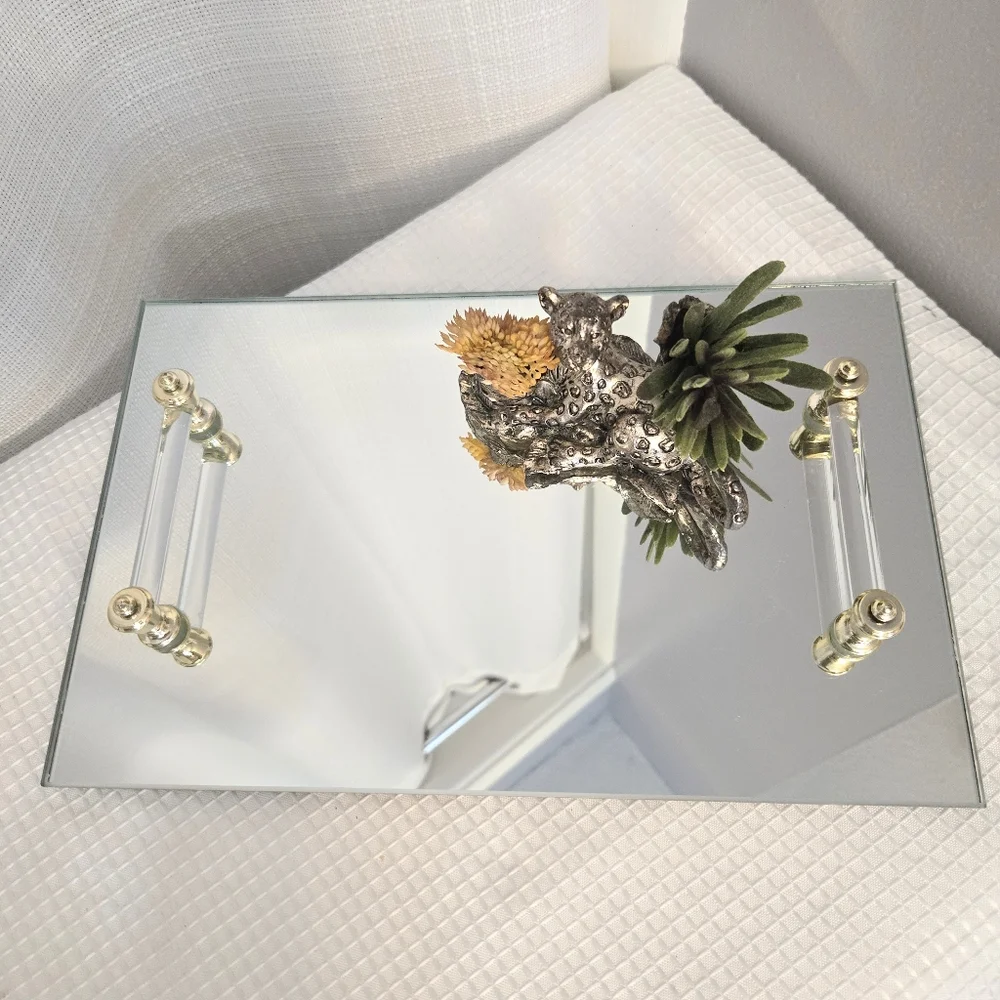 Vtg Mirrored Vanity Dresser Tray Lucite/Glass Handled Gold Accent Retro Bathroom